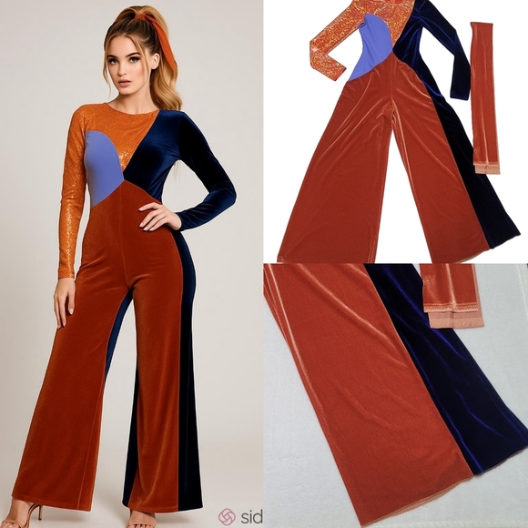 Vintage Pants - Clio 70s Vintage Patchwork Blue Burnt Orange Velvet Metallic Wide Leg Jumpsuit